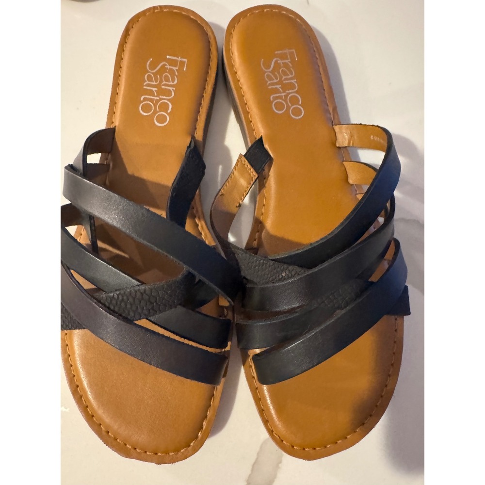Franco Sarto Graceleigh Black Leather Crisscross Strappy Slides Womens 6.5M